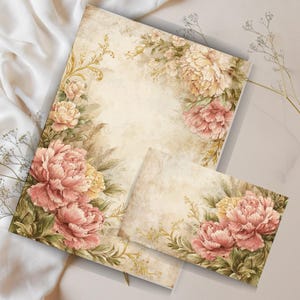 Juego de cartas con peonías vintage, elegante papelería floral, juego de cartas con rosas vintage – Papelería floral romántica