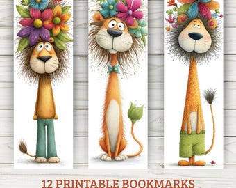 May include: Three whimsical lion bookmarks with colorful floral headdresses. The lions have long necks and are wearing teal or green pants. The text at the bottom reads "12 Printable Bookmarks 2x6 Inches | High Quality | PNG & PDF".