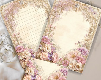 Vintage Pastel Floral Letter Writing Set – Elegant Antique Stationery (Lined + Unlined + Envelope) PDF & PNG