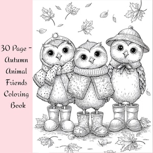 Adult Coloring Book – Autumn Animal Friends | 30 Printable Pages PDF | Cute Fall Animals in Cozy Outfits | Grayscale Coloring Book