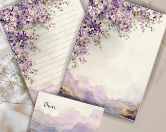 Purple Floral Letter Writing Set, Watercolor Stationery (A4 PDF PNG)