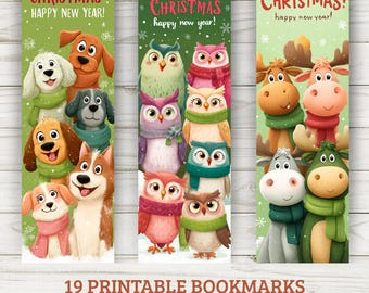 May include: Three Christmas-themed bookmarks featuring cartoon animals. The bookmarks include dogs, owls, and moose, each wearing scarves. The text "MERRY CHRISTMAS! HAPPY NEW YEAR!" is displayed on each bookmark. The bookmarks are 5.08cm x 15.24cm.