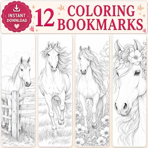Puede incluir: Un conjunto de 12 marcapáginas para colorear imprimibles con ilustraciones de líneas en blanco y negro de caballos. Los diseños incluyen un caballo junto a una valla de madera, un caballo corriendo en un campo, un caballo entre flores y un caballo con una corona floral.