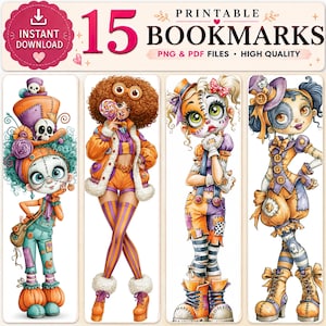 Halloween Rag Doll Printable Bookmarks – Whimsical Patchwork Gothic Girls (PDF & PNG Files)