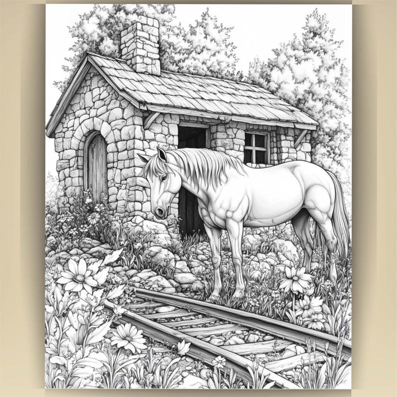 Horse Coloring Book for Adults: Countryside Scenes PDF (73 Pages) (Digital Download image 7