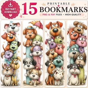 Può includere: Segnalibri stampabili con cani dei cartoni animati colorati. L'immagine include 15 design unici con varie razze e stili di cani. Il testo sull'immagine recita "Printable Bookmarks" e "Instant Download". I segnalibri sono disponibili in file PNG e PDF.