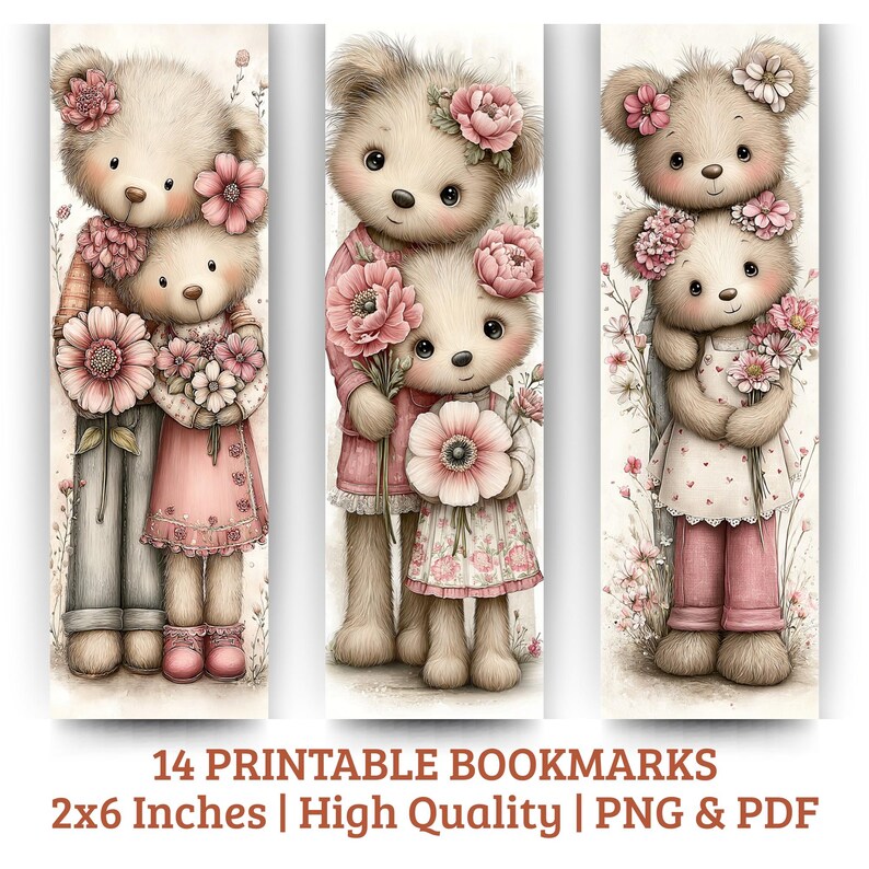 May include: Set of three printable bookmarks featuring adorable teddy bears with floral accents. Each bookmark showcases a pair of bears holding flowers, with the text "14 Printable Bookmarks" and dimensions of 2x6 inches.