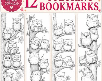 Puede incluir: Un conjunto de 12 marcapáginas para colorear imprimibles con ilustraciones de líneas en blanco y negro de búhos posados en ramas de árboles. El texto en la parte superior dice 12 COLORING BOOKMARKS e INSTANT DOWNLOAD. Los búhos tienen varias poses.