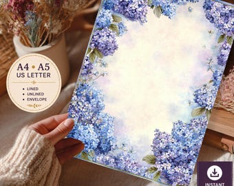 Romantic Hydrangea Stationery Set – Watercolor Floral Writing Paper & Envelope – Printable Vintage Letter Set