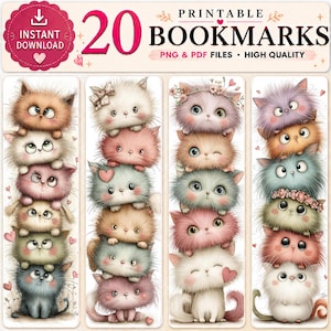 Può includere: Un set di 20 segnalibri stampabili con quattro pile verticali di gattini soffici e colorati. Il testo in alto recita 20 PRINTABLE BOOKMARKS, INSTANT DOWNLOAD, PNG & PDF FILES, HIGH QUALITY. Ogni segnalibro mostra una disposizione di gatti.