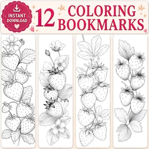 Strawberry Printable Coloring Bookmarks - 12 Fun 2x6 Inch Designs for Book Lovers & Crafters
