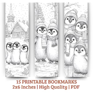 May include: Black and white printable bookmarks with penguin illustrations. The bookmarks measure 5.08cm x 15.24cm and feature penguins in winter scenes. The text "15 Printable Bookmarks" is displayed at the bottom.