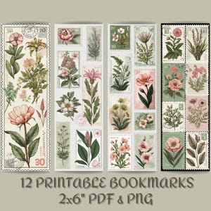 Marcadores florales vintage, 12 marcadores imprimibles, estética botánica, descarga digital de 2 x 6 pulgadas, estilo de sello postal retro, marcador digital