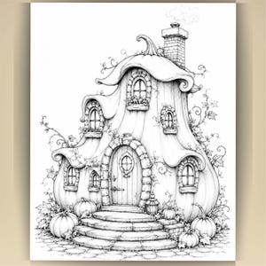 May include: A black and white line art illustration of a house shaped like a large pumpkin. The structure features a stone-arched doorway, multiple small windows, a brick chimney with smoke, and vines. Several pumpkins sit on the ground.