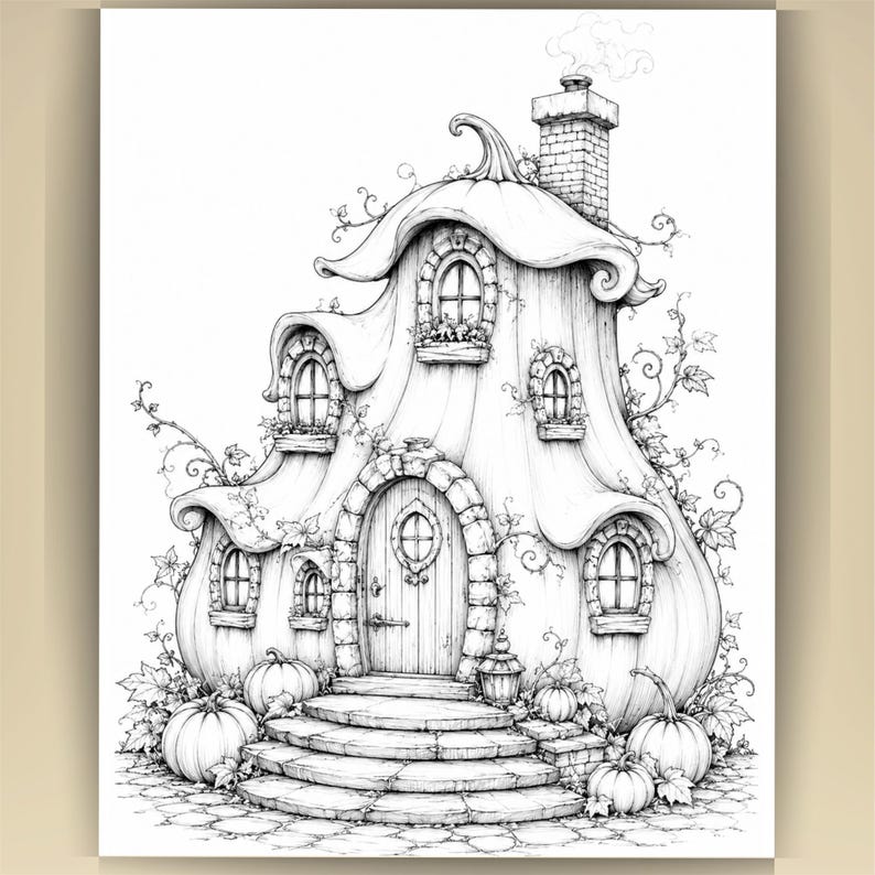 May include: A black and white line art illustration of a house shaped like a large pumpkin. The structure features a stone-arched doorway, multiple small windows, a brick chimney with smoke, and vines. Several pumpkins sit on the ground.