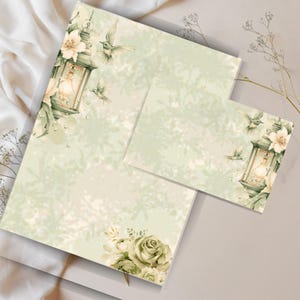 Set da scrittura con lanterna vintage e colibrì, modello di busta, kit di lettere stampabili, fogli di carta per appunti a righe o senza righe