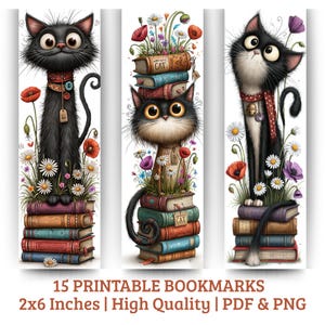 May include: Set of three whimsical cat bookmarks. Each bookmark features a cartoon cat perched atop a stack of books, surrounded by flowers. The bookmarks are 2x6 inches in size.
