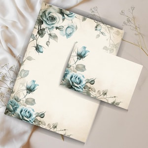 Juego de cartas vintage con rosas azules, elegante papelería floral + sobre a juego, papelería imprimible, papel de carta imprimible, amigo por correspondencia