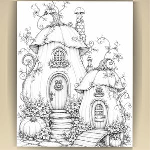 May include: A black and white line art illustration featuring two pumpkin-shaped houses with arched doors, windows, and chimneys. The scene is decorated with winding vines, leaves, and additional pumpkins at the base, rendered in fine detail.
