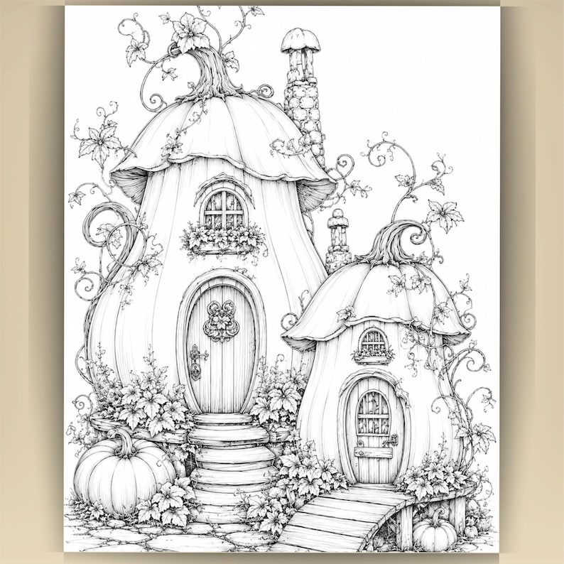 May include: A black and white line art illustration featuring two pumpkin-shaped houses with arched doors, windows, and chimneys. The scene is decorated with winding vines, leaves, and additional pumpkins at the base, rendered in fine detail.