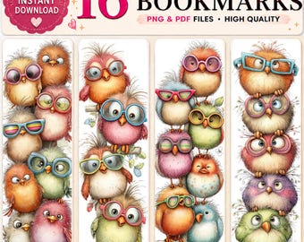 Funny Bird Bookmarks: 16 Whimsical Cartoon Designs (PDF & PNG Digital Download)