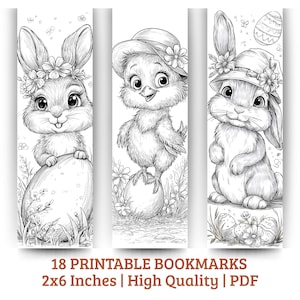 Peut inclure: Marque-pages imprimables en noir et blanc avec des illustrations de Pâques. Les motifs comprennent un lapin avec une couronne de fleurs, un poussin portant un chapeau et un autre lapin avec un chapeau. Chaque marque-page mesure 5,08 cm x 15,24 cm.