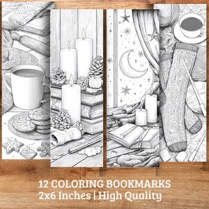 May include: Set of 12 coloring bookmarks, each 2 x 6 inches, featuring cozy illustrations of candles, books, and warm beverages. The black and white designs are perfect for coloring and relaxing. High quality.