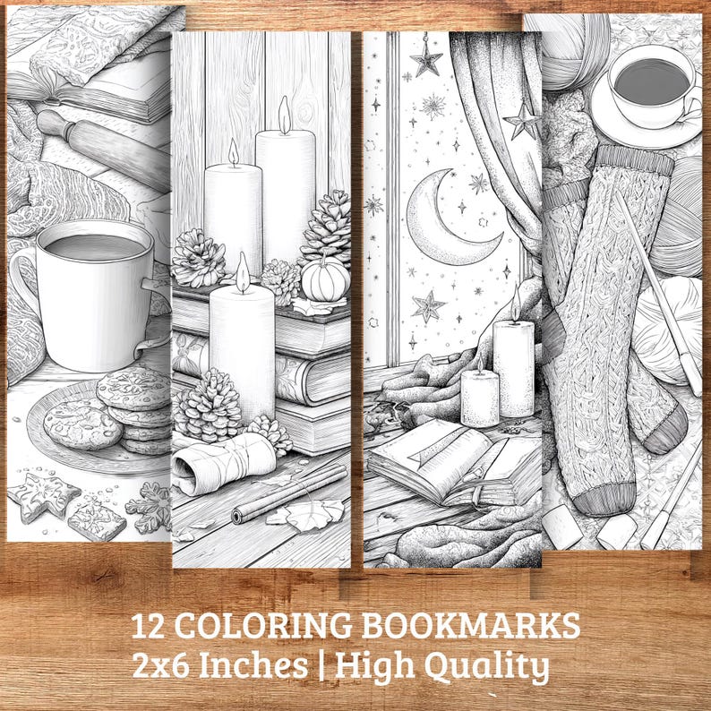 May include: Set of 12 coloring bookmarks, each 2 x 6 inches, featuring cozy illustrations of candles, books, and warm beverages. The black and white designs are perfect for coloring and relaxing. High quality.