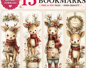 Peut inclure: Un ensemble numérique de 15 marque-pages imprimables illustrant des cerfs avec des accents floraux et des vêtements d'hiver. Le texte indique 15 PRINTABLE BOOKMARKS, INSTANT DOWNLOAD, PNG & PDF FILES, HIGH QUALITY, et Merry Christmas.