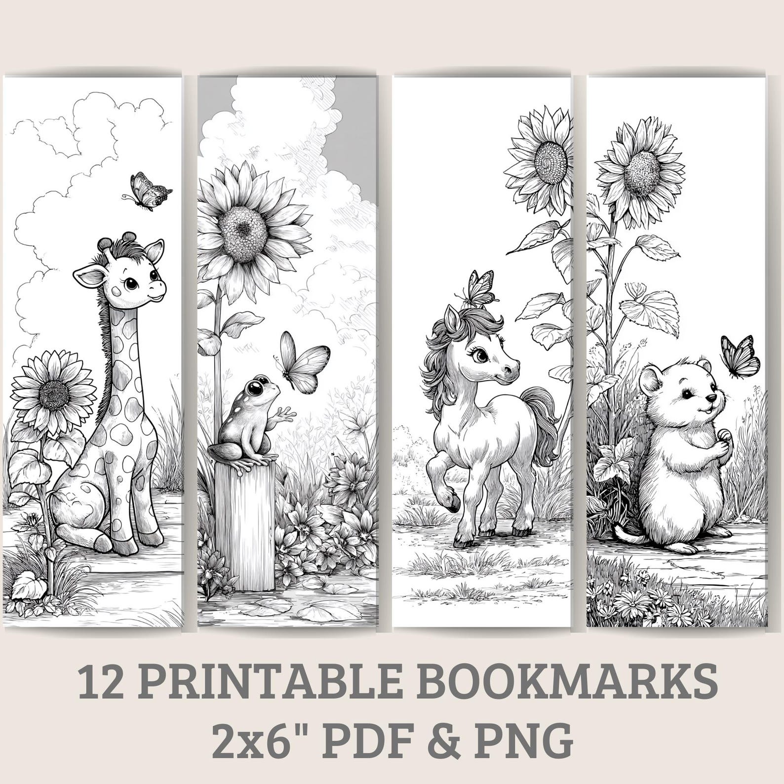 Cute Animal Coloring Bookmarks, 2x6" Printable Bookmarks, Black and ...