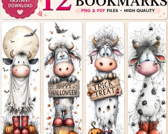 Halloween Ghost Cow Printable Bookmarks – Whimsical Highland Cows, Cottagecore Art (PDF & PNG Files)