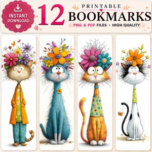 Lesezeichen mit Cartoon-Katzenmotiven – 12 florale Designs (PDF + PNG)