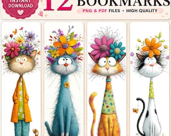 Cartoon Cat Bookmarks - 12 Floral Designs (PDF + PNG)