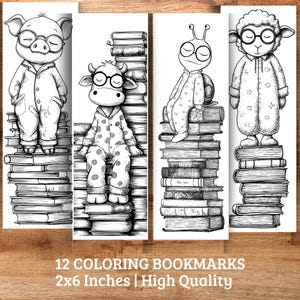 Puede incluir: Juego de 12 marcapáginas para colorear con animales en pijama y gafas, sentados sobre pilas de libros. Los marcapáginas miden 5 x 15 cm. El texto en la parte inferior dice "12 Coloring Bookmarks 2x6 Inches | High Quality."