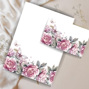 Set de cartas con diseño de peonías románticas, papel A4 rayado y sin rayar con sobre, papelería imprimible, cartas imprimibles, kit para amigos por correspondencia, kit para escribir cartas