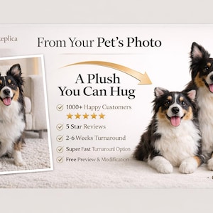 May include: A custom-made plush toy replica of a dog, based on a pet's photo. The image shows three dogs with black, white, and brown fur. The text reads "A Plush You Can Hug" and highlights customer satisfaction and turnaround time.