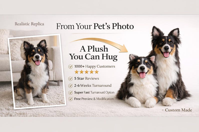 May include: A custom-made plush toy replica of a dog, based on a pet's photo. The image shows three dogs with black, white, and brown fur. The text reads "A Plush You Can Hug" and highlights customer satisfaction and turnaround time.