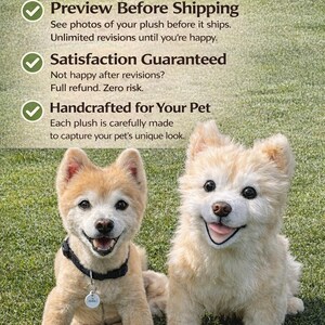May include: Two plush dog toys, one light brown and one cream-colored, sit on green grass. The light brown dog has a black collar and a tag. Text on the image reads "Handcrafted for Your Pet" and "Satisfaction Guaranteed."
