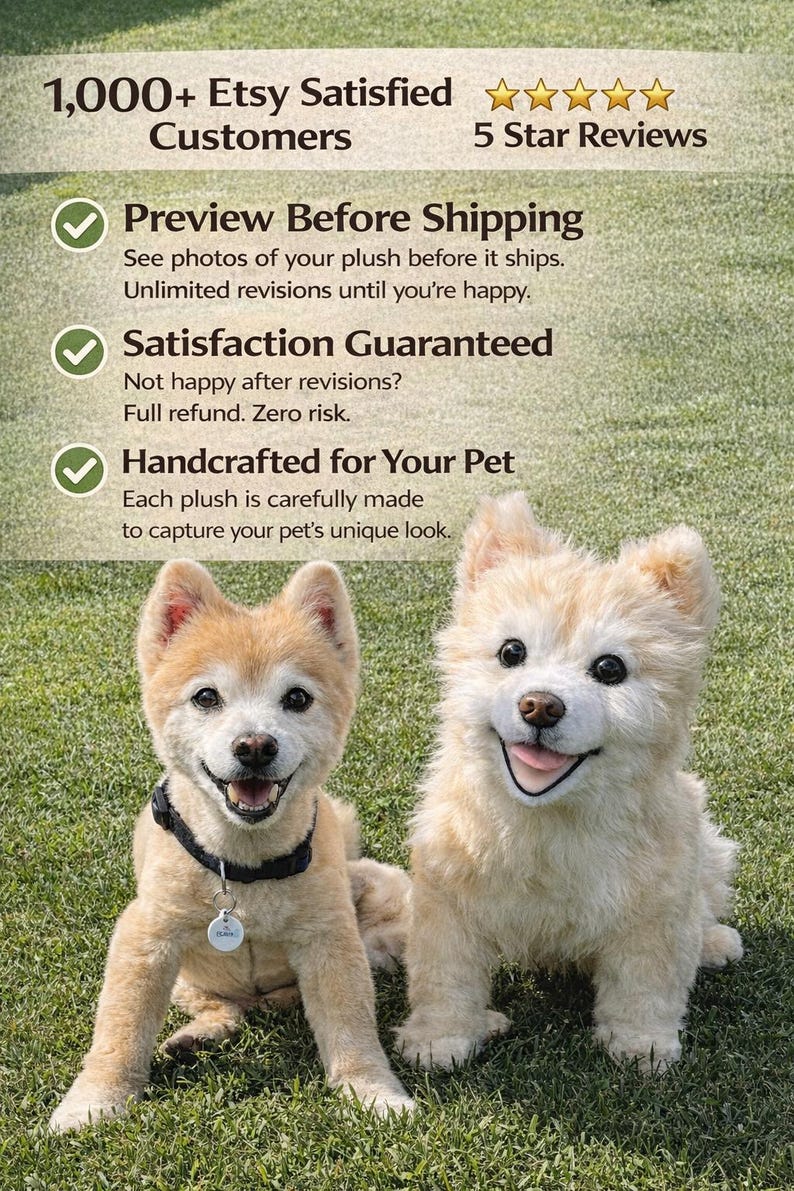 May include: Two plush dog toys, one light brown and one cream-colored, sit on green grass. The light brown dog has a black collar and a tag. Text on the image reads "Handcrafted for Your Pet" and "Satisfaction Guaranteed."