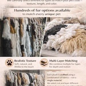 May include: An advertisement for handpicked faux fur for realistic pet replicas. The image shows various fur samples in different colors and textures. Text highlights realistic texture, multi-layer matching, handmade, custom made, and high quality.
