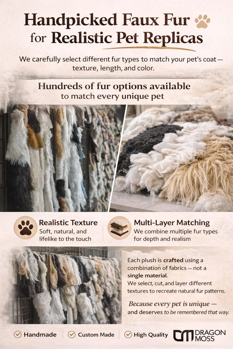May include: An advertisement for handpicked faux fur for realistic pet replicas. The image shows various fur samples in different colors and textures. Text highlights realistic texture, multi-layer matching, handmade, custom made, and high quality.