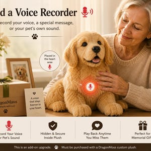 Könnte beinhalten: Ein Golden Retriever Plüschtier mit integriertem Sprachaufzeichnungsmodul. Das Gerät ist so konzipiert, dass es im Brustbereich des Stofftiers platziert werden kann, um aufgezeichnete Nachrichten oder Geräusche durch das Plüschmaterial abzuspielen.
