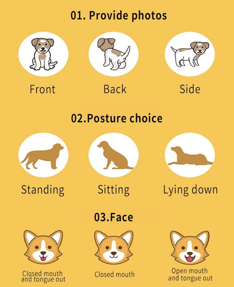 May include: A yellow graphic with dog illustrations and text. The image is divided into sections: "01. Provide photos" with front, back, and side views of a dog; "02. Posture choice" with standing, sitting, and lying down dogs; and "03. Face" with corgi faces.