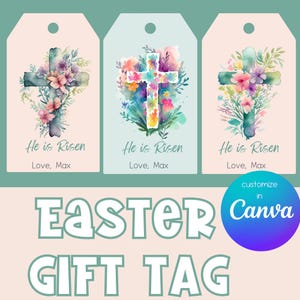 Etiquetas de regalo imprimibles &quot;Él ha resucitado&quot; - Canasta de Pascua personalizada con fe cristiana / Etiquetas de regalo para niños de descarga instantánea / Editar en Canva