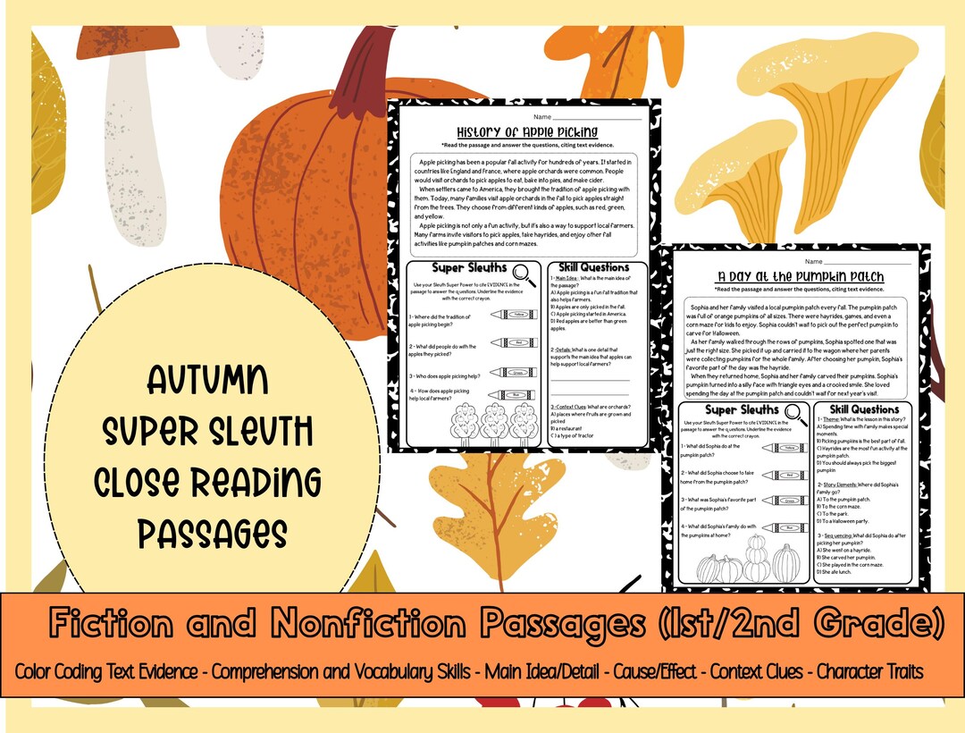 Fall Themed 1-3 Grade Reading Comprehension Worksheets Close Reading ...