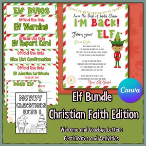 Carta de regreso de elfo Tradición navideña cristiana Elfo religioso en el estante Carta de bienvenida Plantilla de Canva Fe Vacaciones Familia Nota imprimible