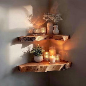 Rustic Live Edge Corner Shelf: Wooden Floating Display