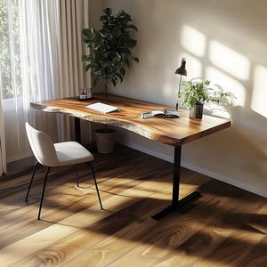 Rustic Solid Wood Live Edge Desk, Mid Century Modern Office Table, Handmade Writing Table, Home Study Furniture