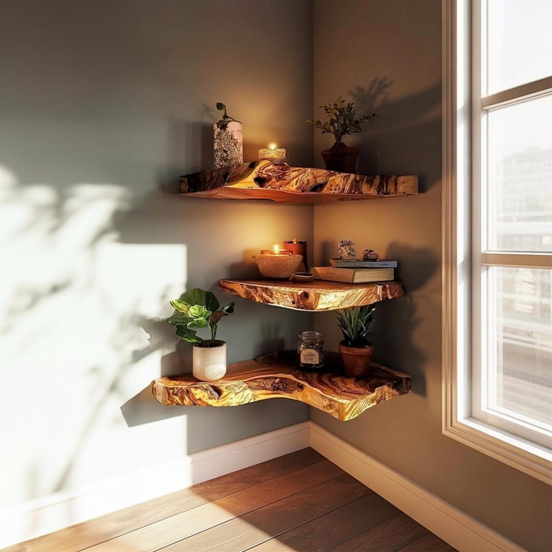 Rustic Live Edge Corner Shelves – Handcrafted Solid Wood Floating Wall ...