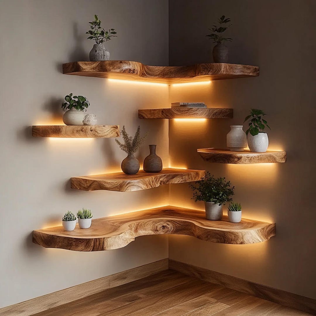 Rustic Live Edge Corner Shelf | Handcrafted Solid Wood Floating Wall ...